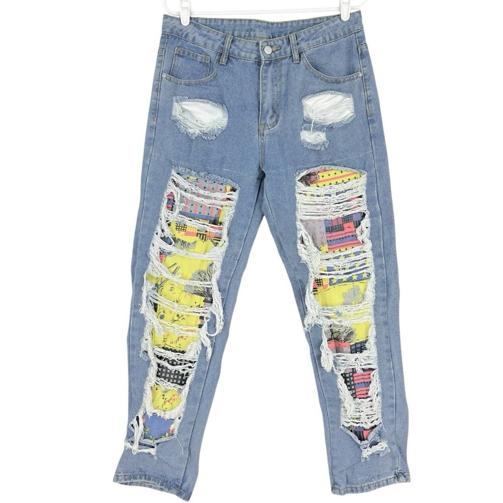 Manfinity Men's Distressed Blue Denim Jeans Size Small (32x29)Colorful Patch Leg